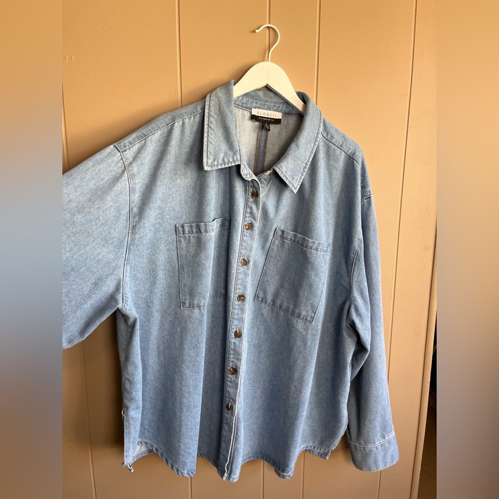 Eloquii Elements Size 24 Denim Button Down Shirt, Durable Thicker Quality Denim